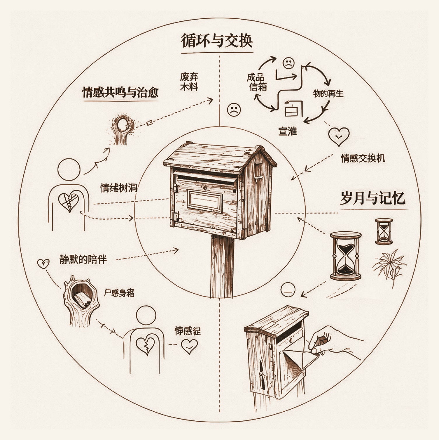 循环与交换概念图：信箱、情绪树洞、岁月记忆与投递行为