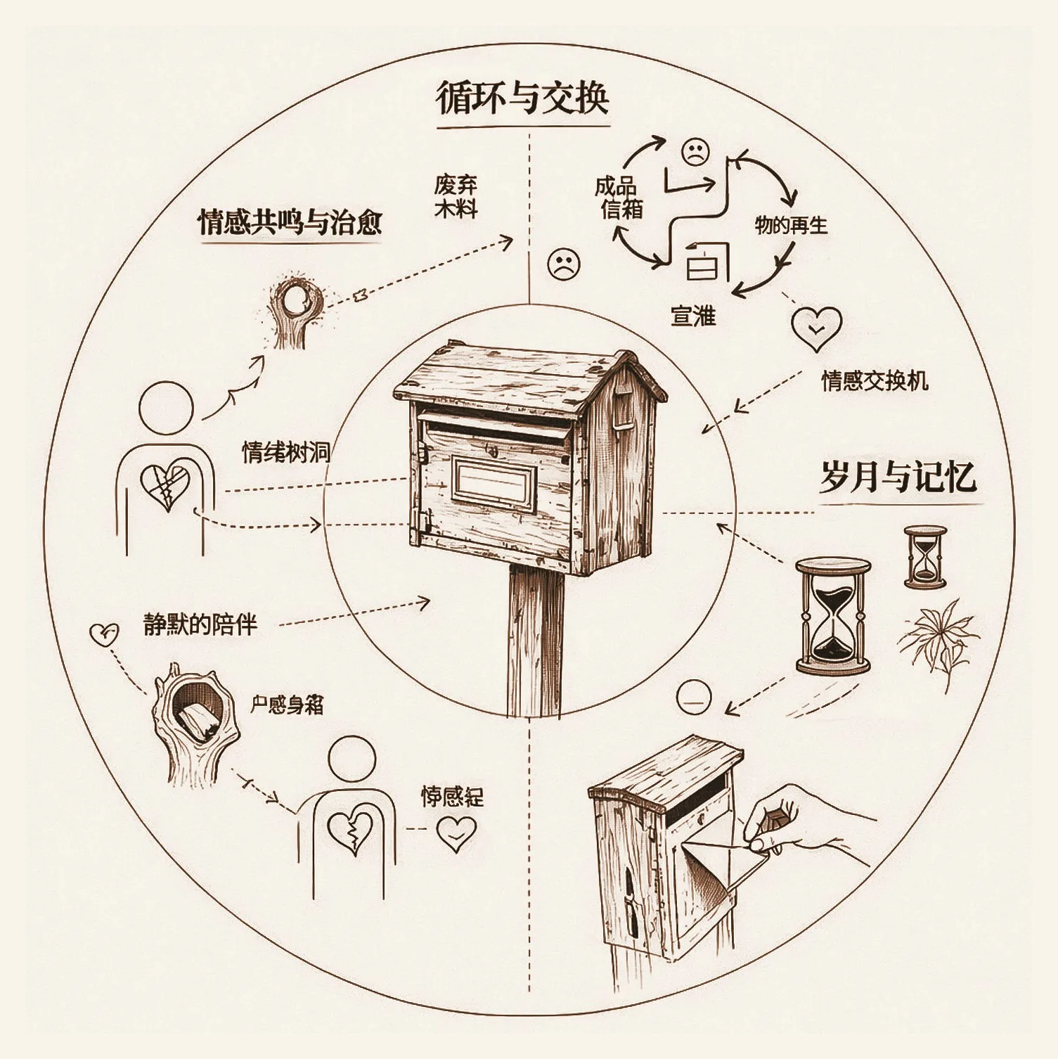 循环与交换概念图：信箱、情绪树洞、岁月记忆与投递行为
